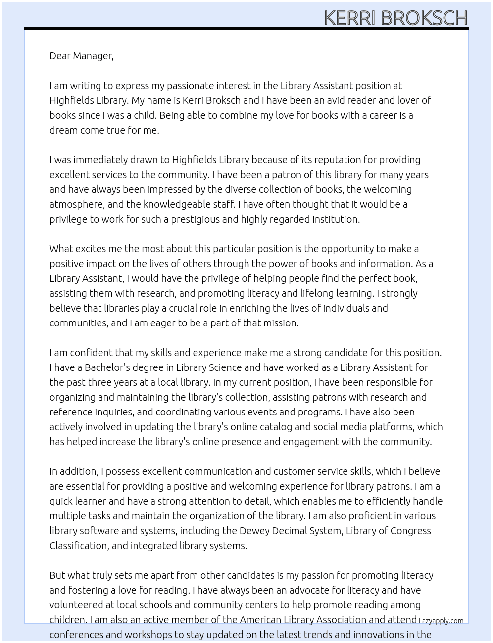 Library assistant  At Highfields library  Cover Letter