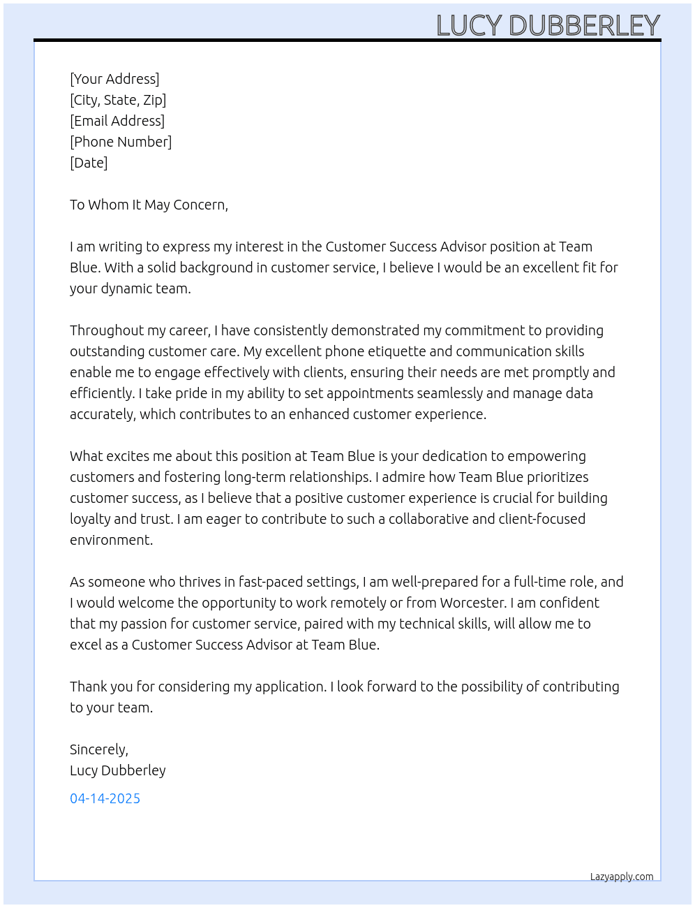 Customer success advisor  At Team blue  Cover Letter