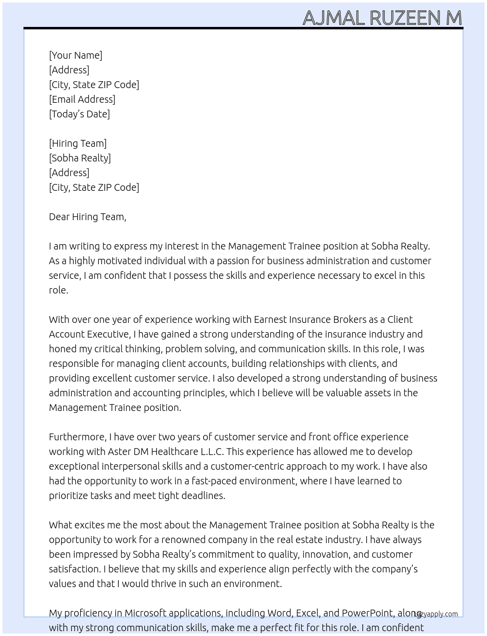 Management Trainee At sobha realty Cover Letter