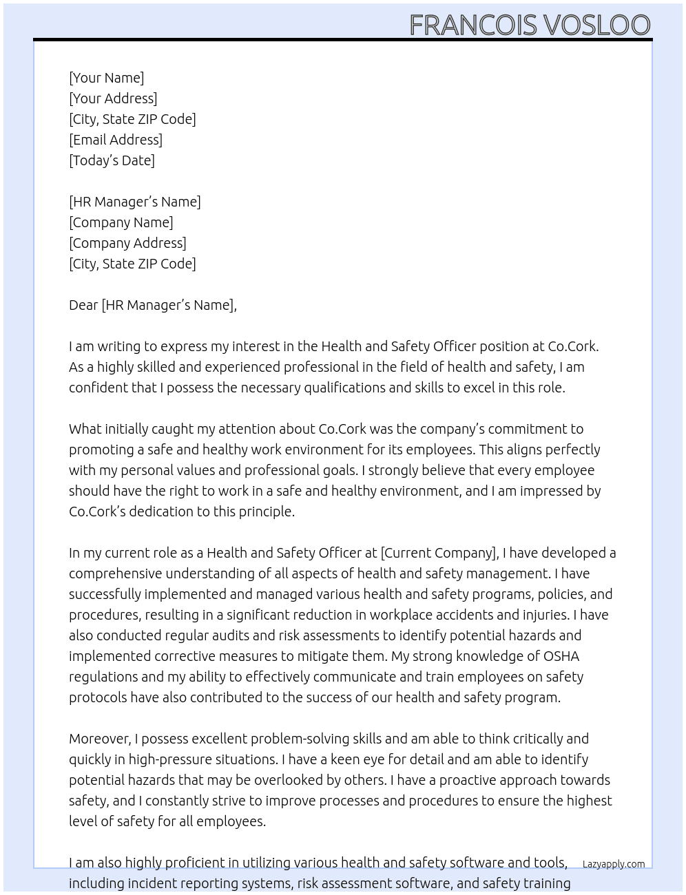  Health and safety officer At Co.Cork Cover Letter