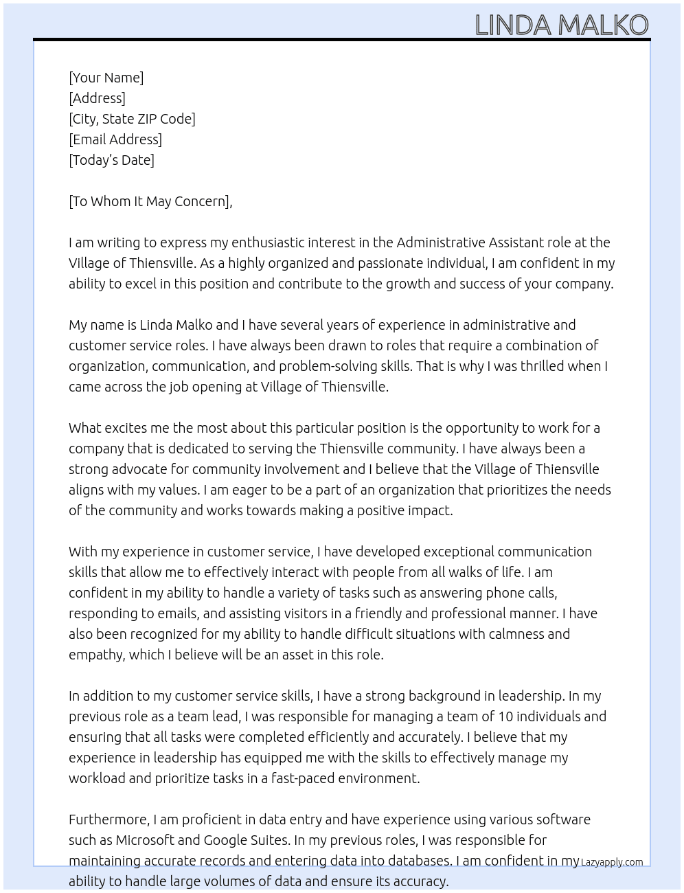 Administrative Assistant  At Village of Thiensville Cover Letter