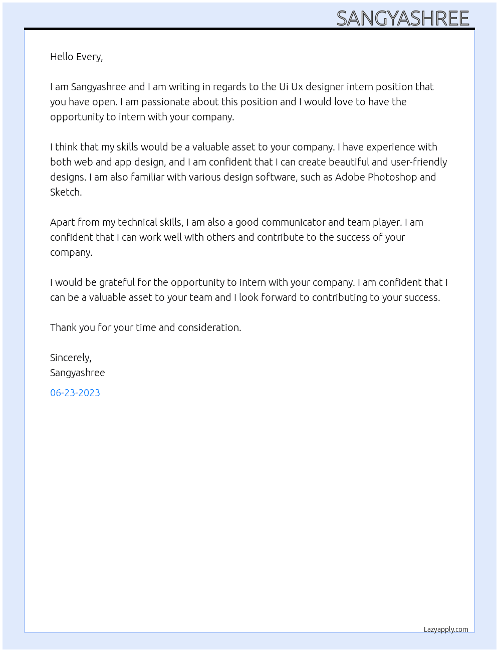 Ui Ux designer intern At Every Cover Letter