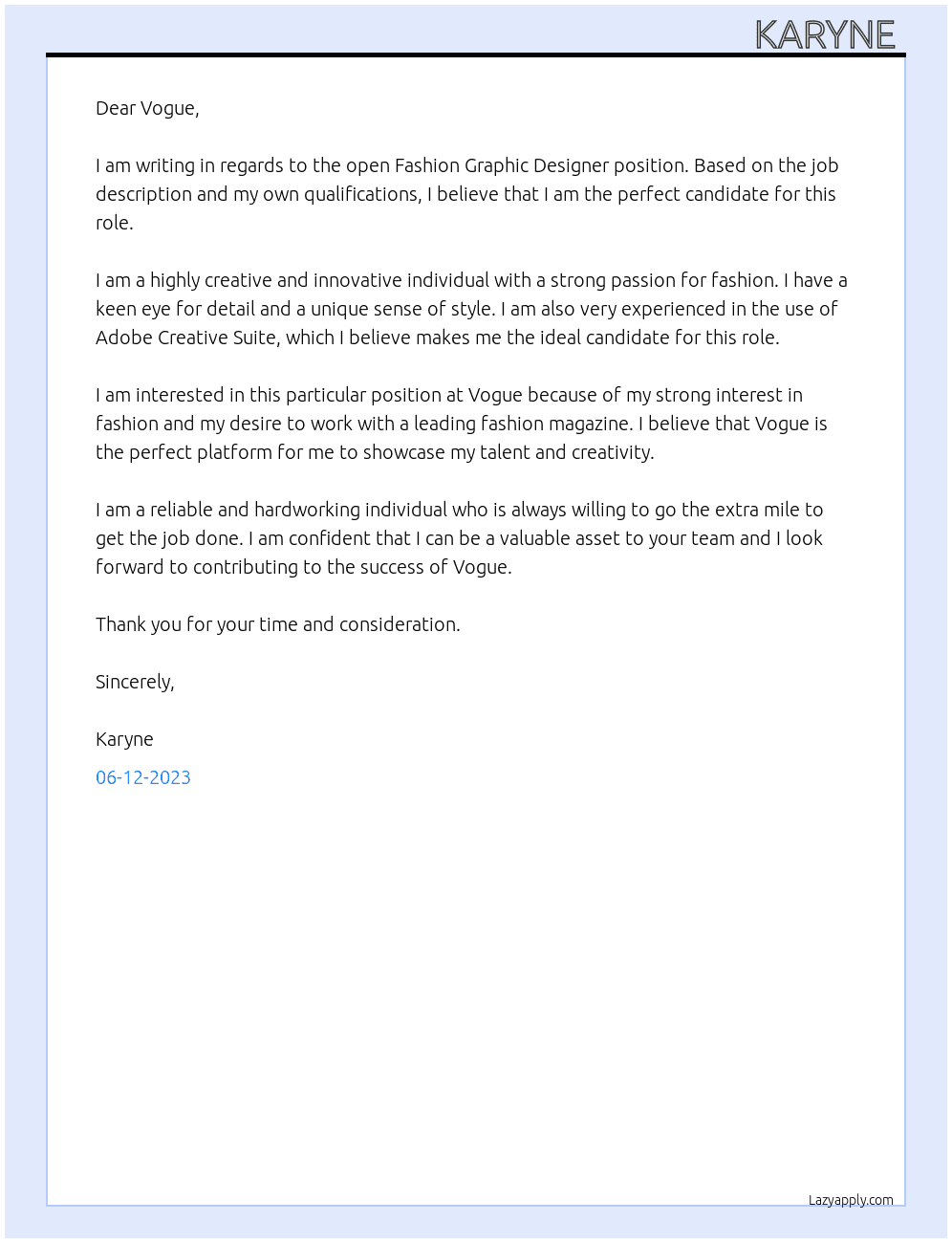 Fashion Graphic Designer At Vogue Cover Letter