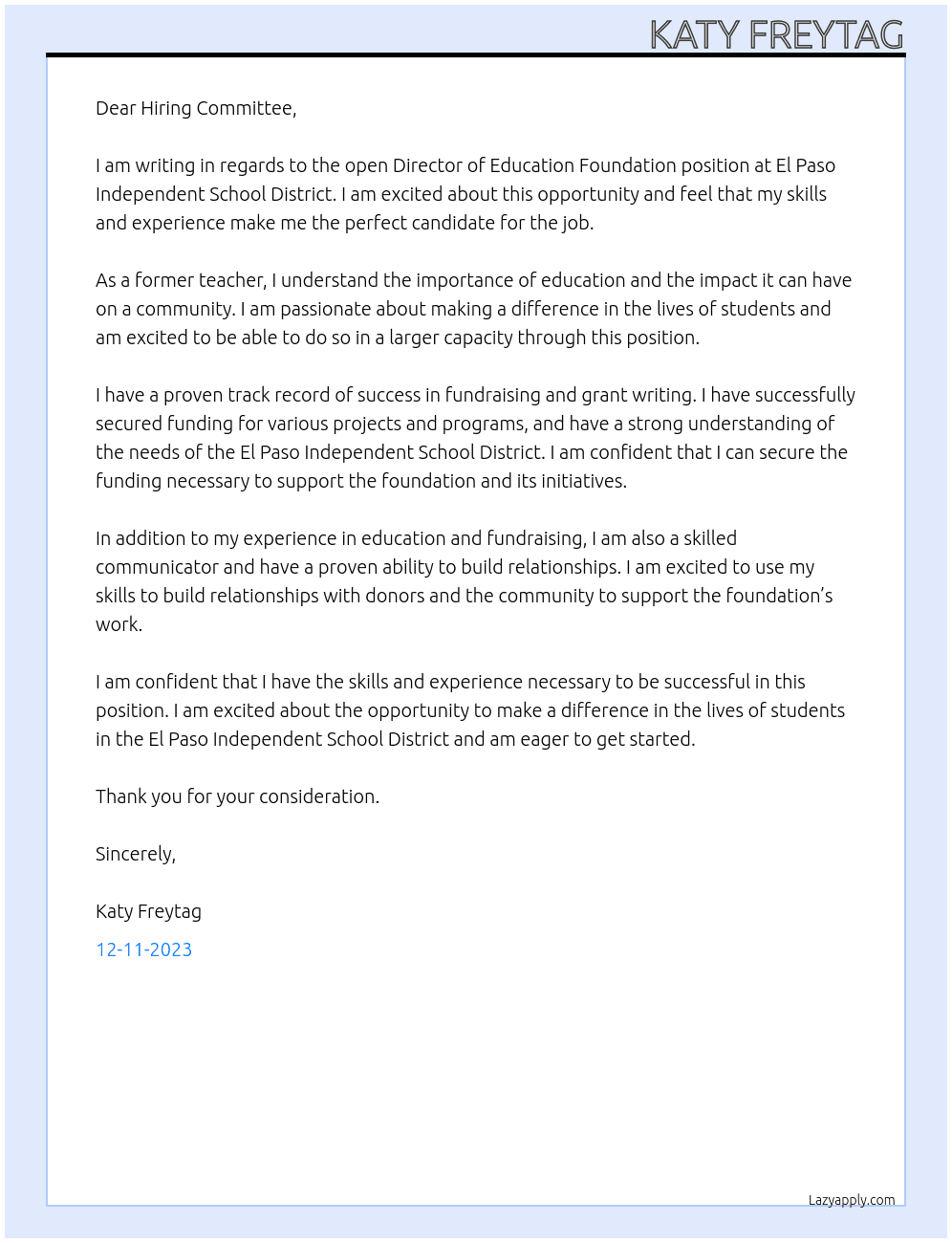 Director Education Foundation At El Paso Independent School District Cover Letter