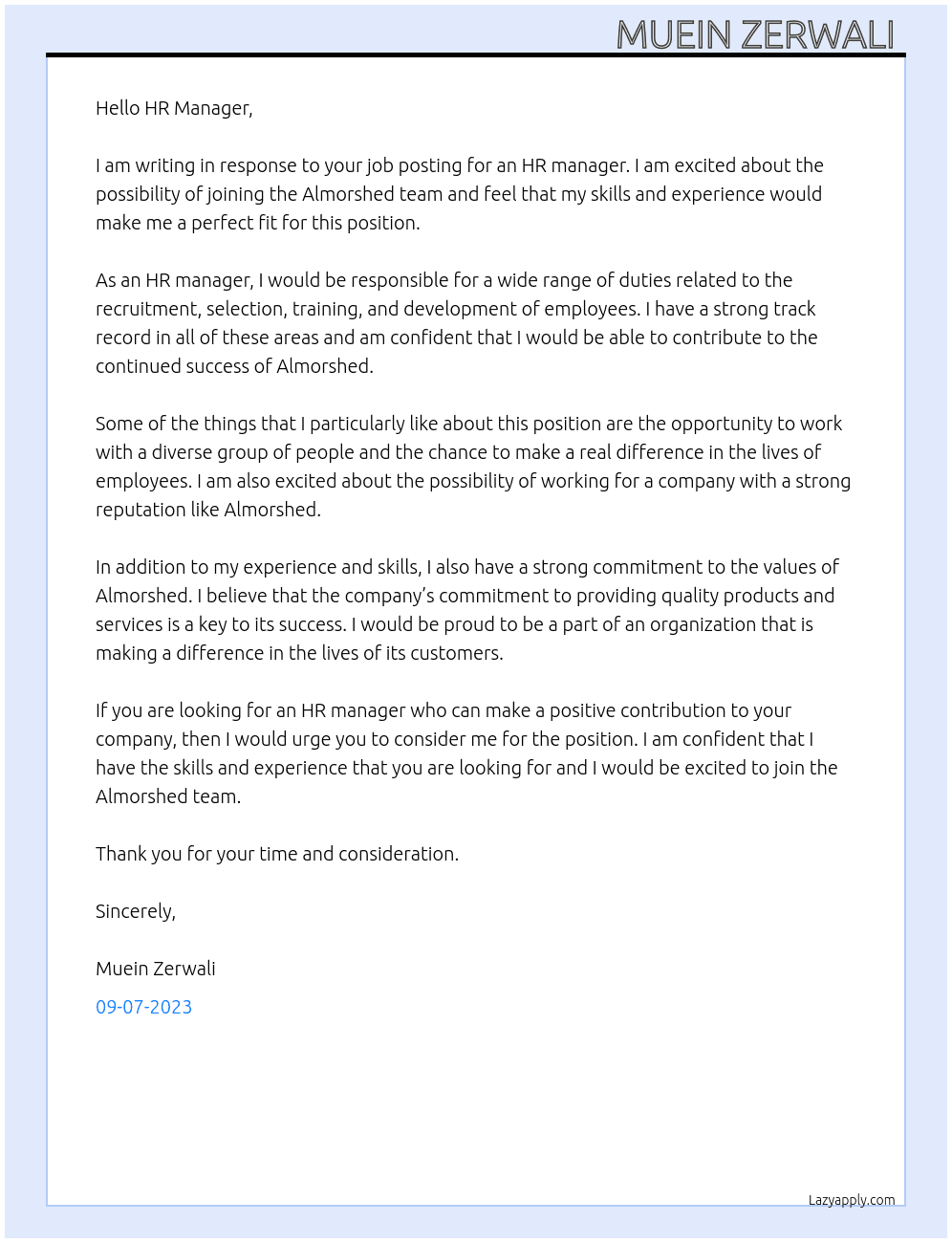 HR manager  At Almorshed Cover Letter
