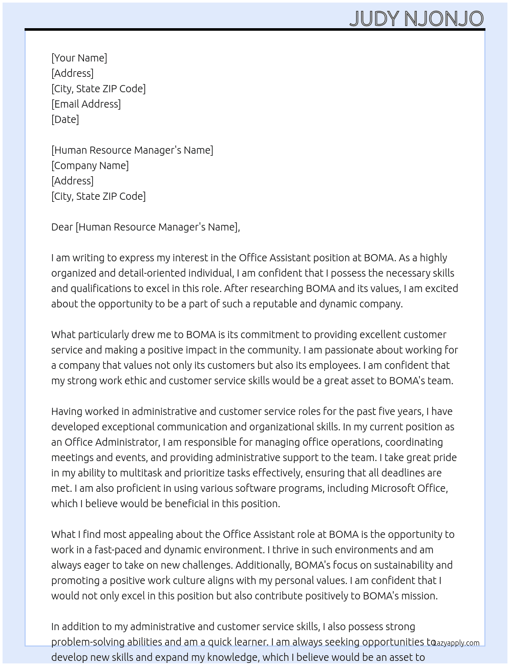 Office assistant At BOMA Cover Letter