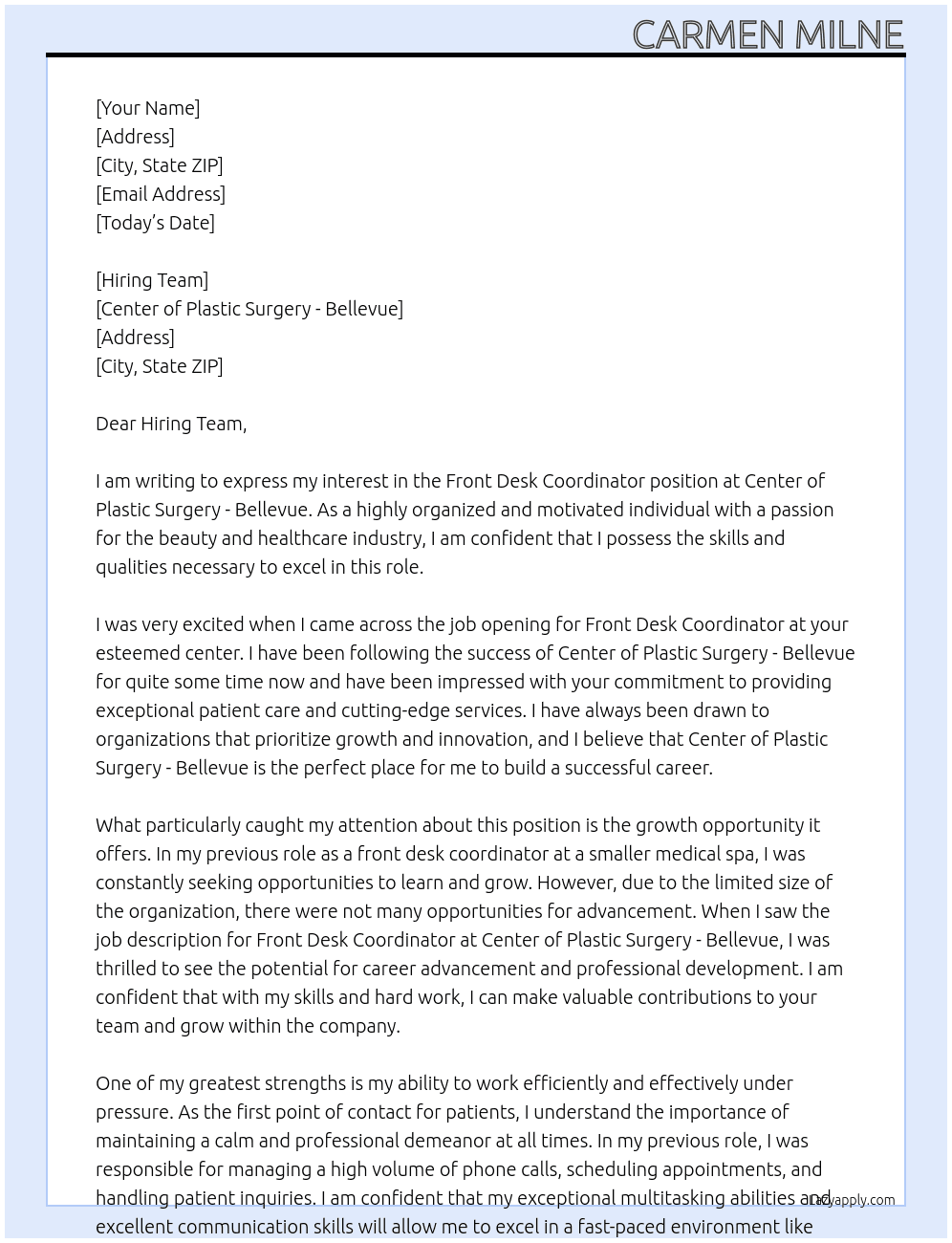 Front Desk Coordinator  At Center of Plastic Surgery - Bellevue Cover Letter