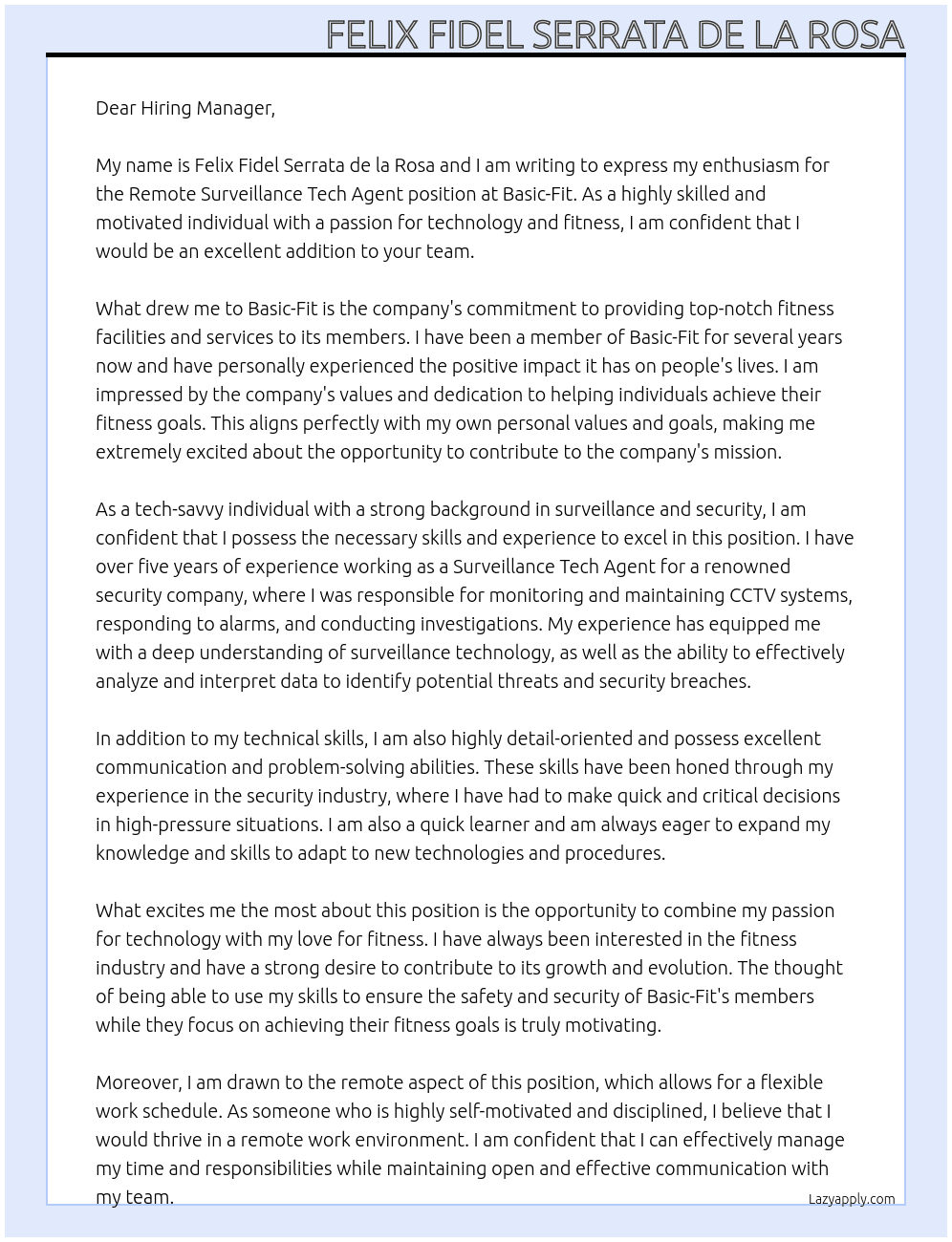 Remote Surveillance Tech Agent At Basic-Fit Cover Letter