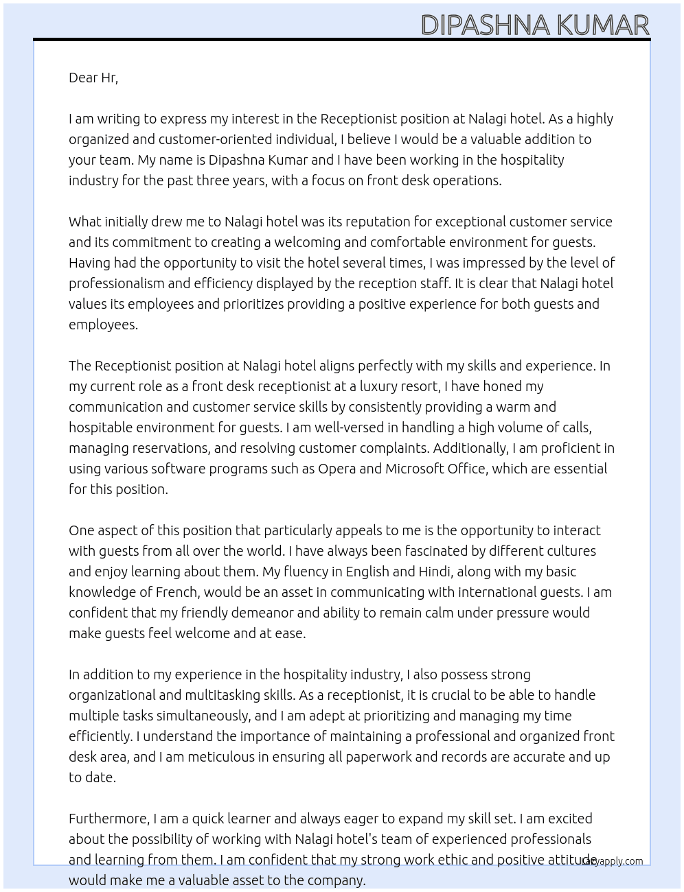 Receptionist At Nalagi hotel Cover Letter
