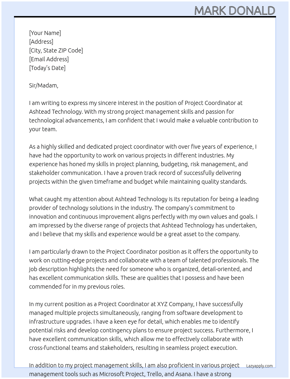 Project Coordinator At Ashtead Technology Cover Letter