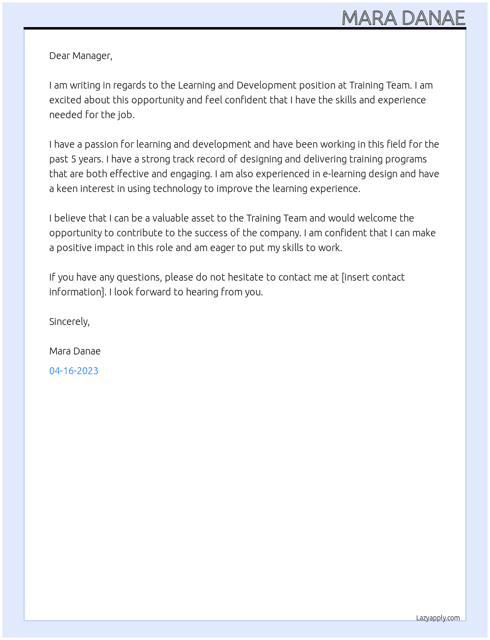 Learning and Development At Training Team   Cover Letter