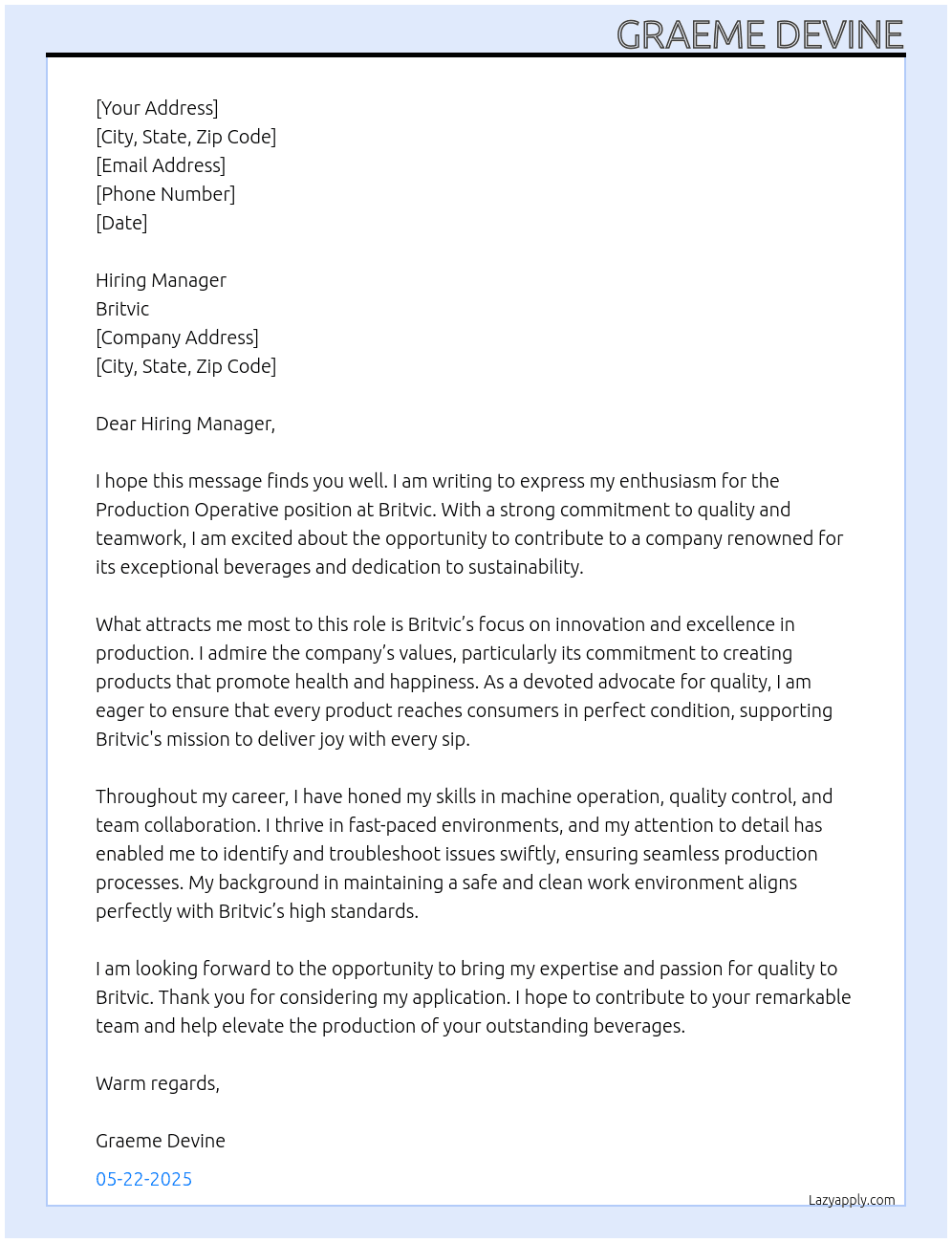 Production operative  At Britvic  Cover Letter