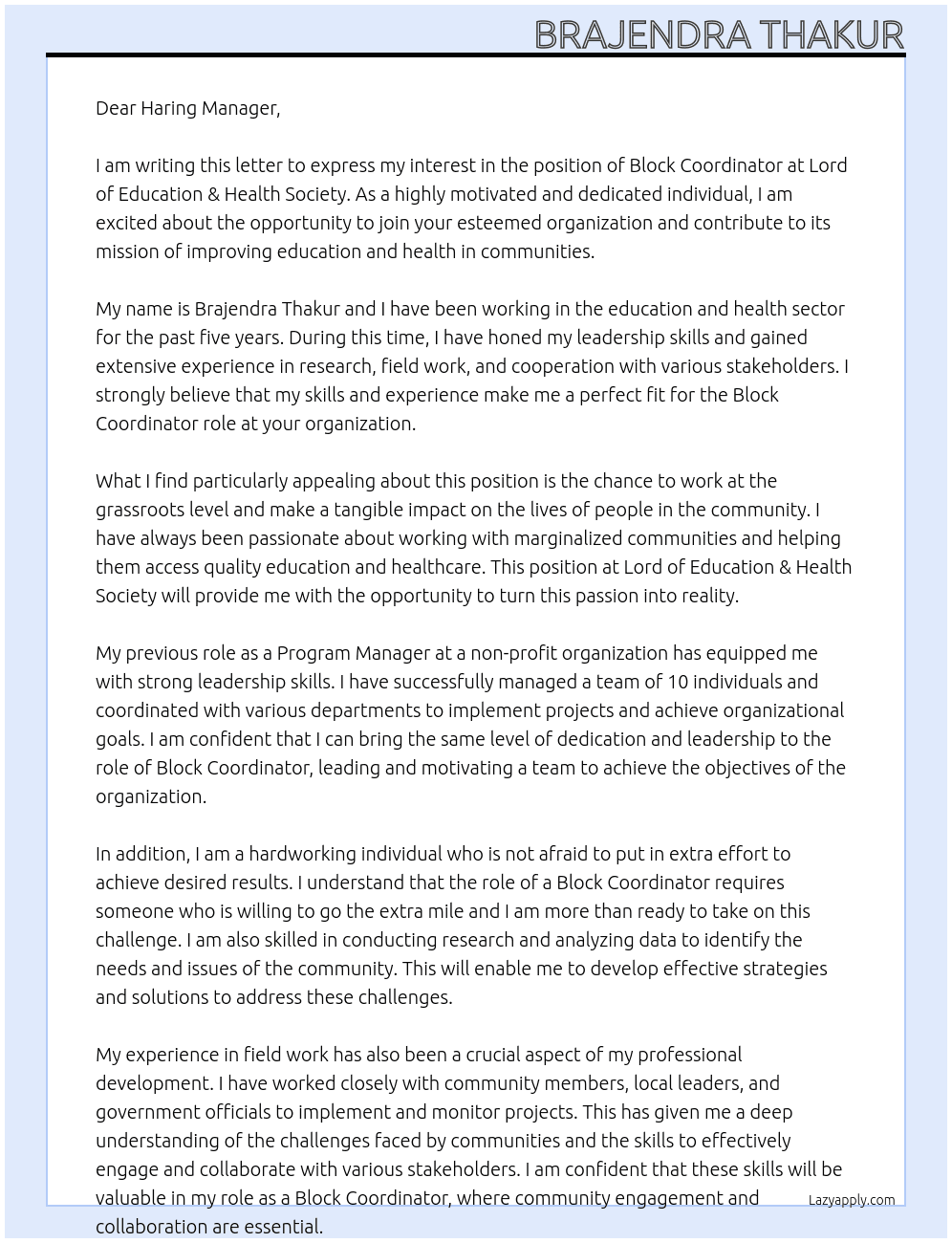 Block Coordinator  At Lord of Education & Health society  Cover Letter