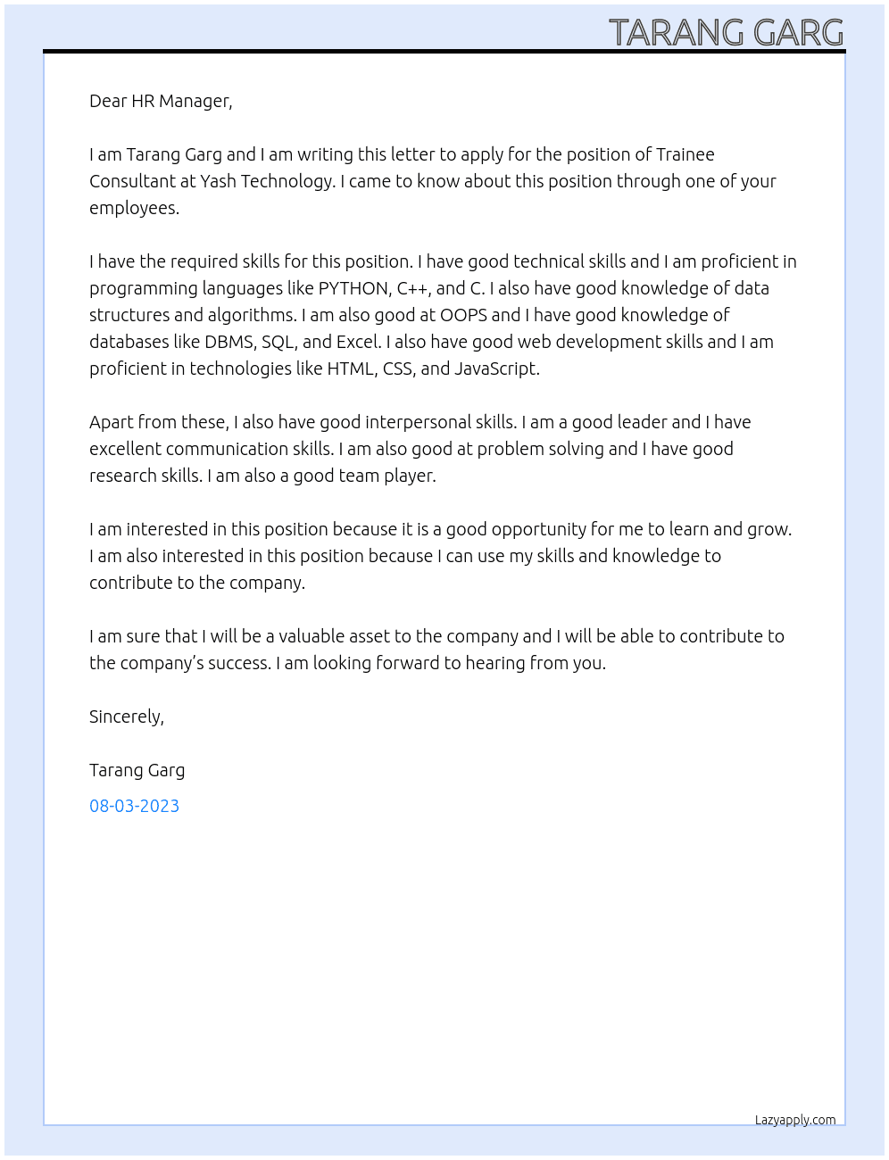 Trainee Consultant At Yash Technology Cover Letter