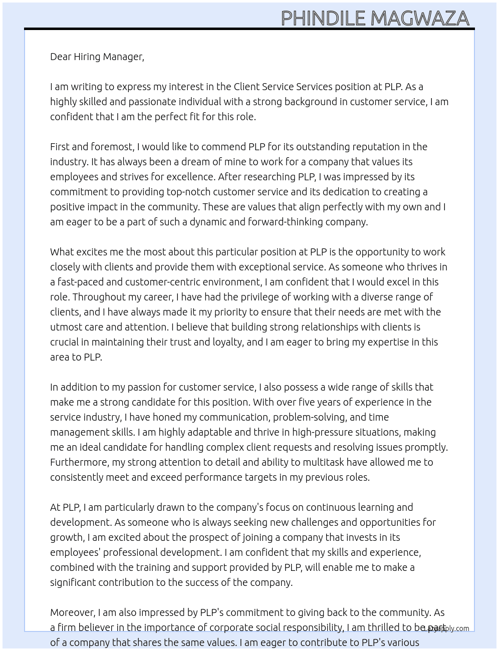 Client Service Services  At PLP  Cover Letter