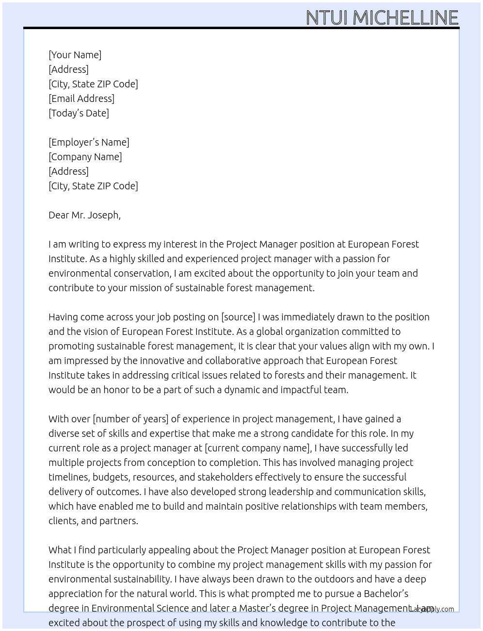 Project Manager At European Forest Institute Cover Letter