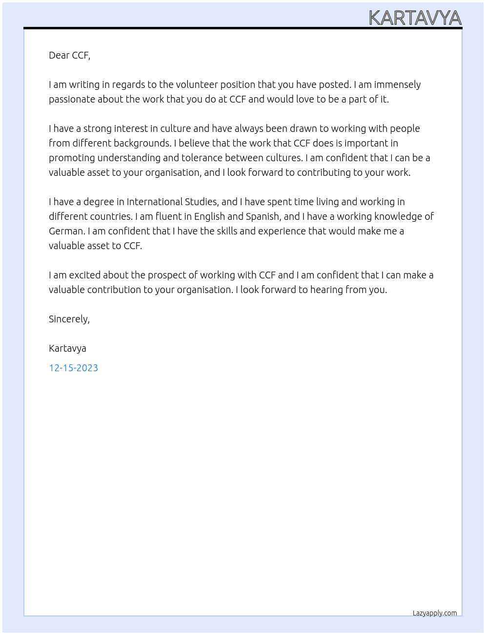 Volunteer At Cross cultural fellowship Cover Letter