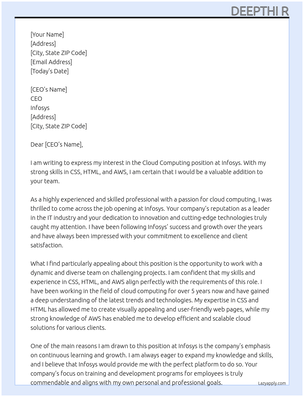 Cloud computing  At Infosys  Cover Letter