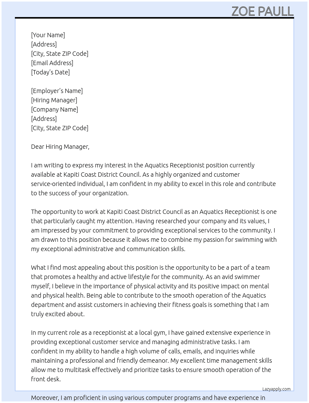 Aquatics Receptionist At Kapiti Coast District Council Cover Letter