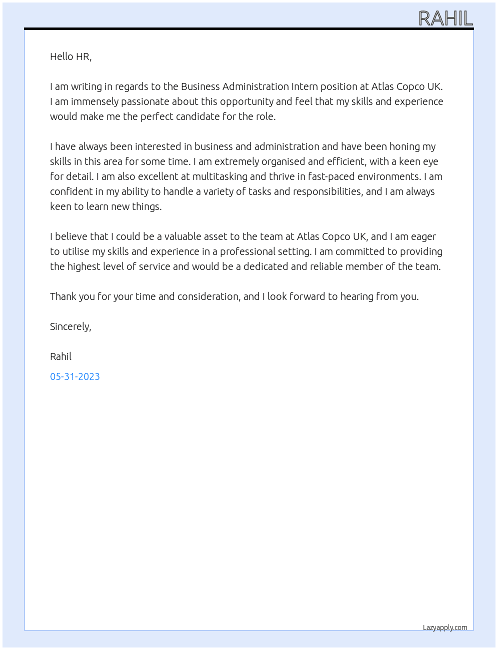 Business Administration Intern At Atlas Copco UK Cover Letter