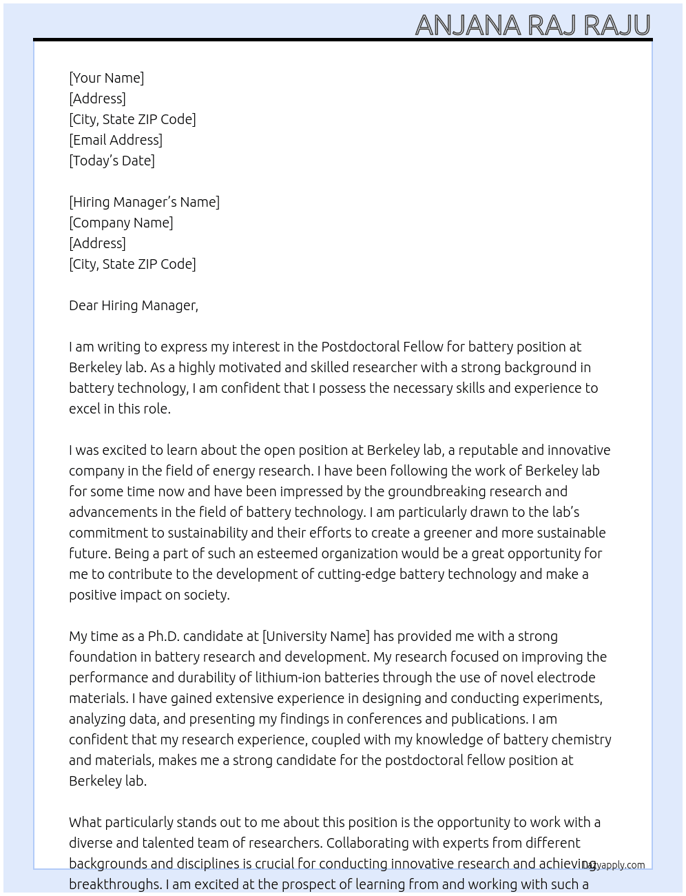 Postdoctoral Fellow for battery At Berkeley lab Cover Letter