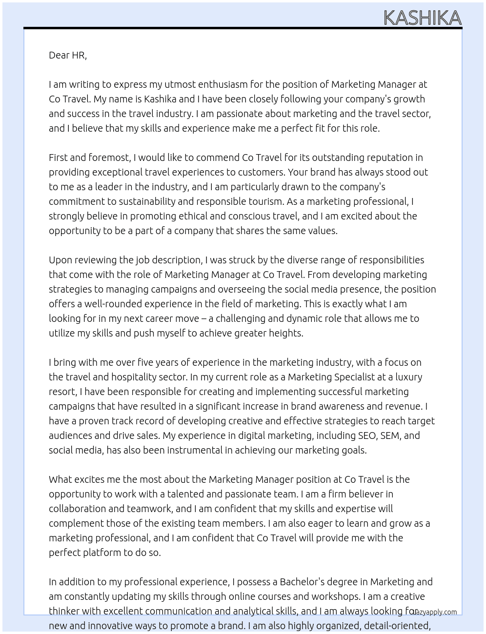 Marketing manager At Co travel Cover Letter