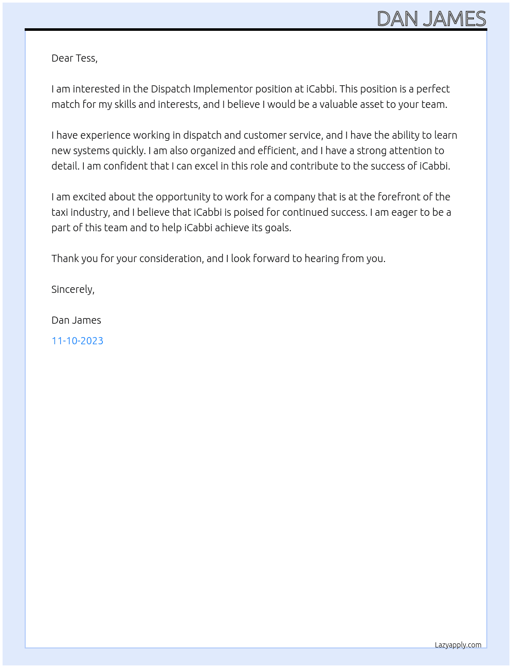 Dispatch Implementor At iCabbi Cover Letter