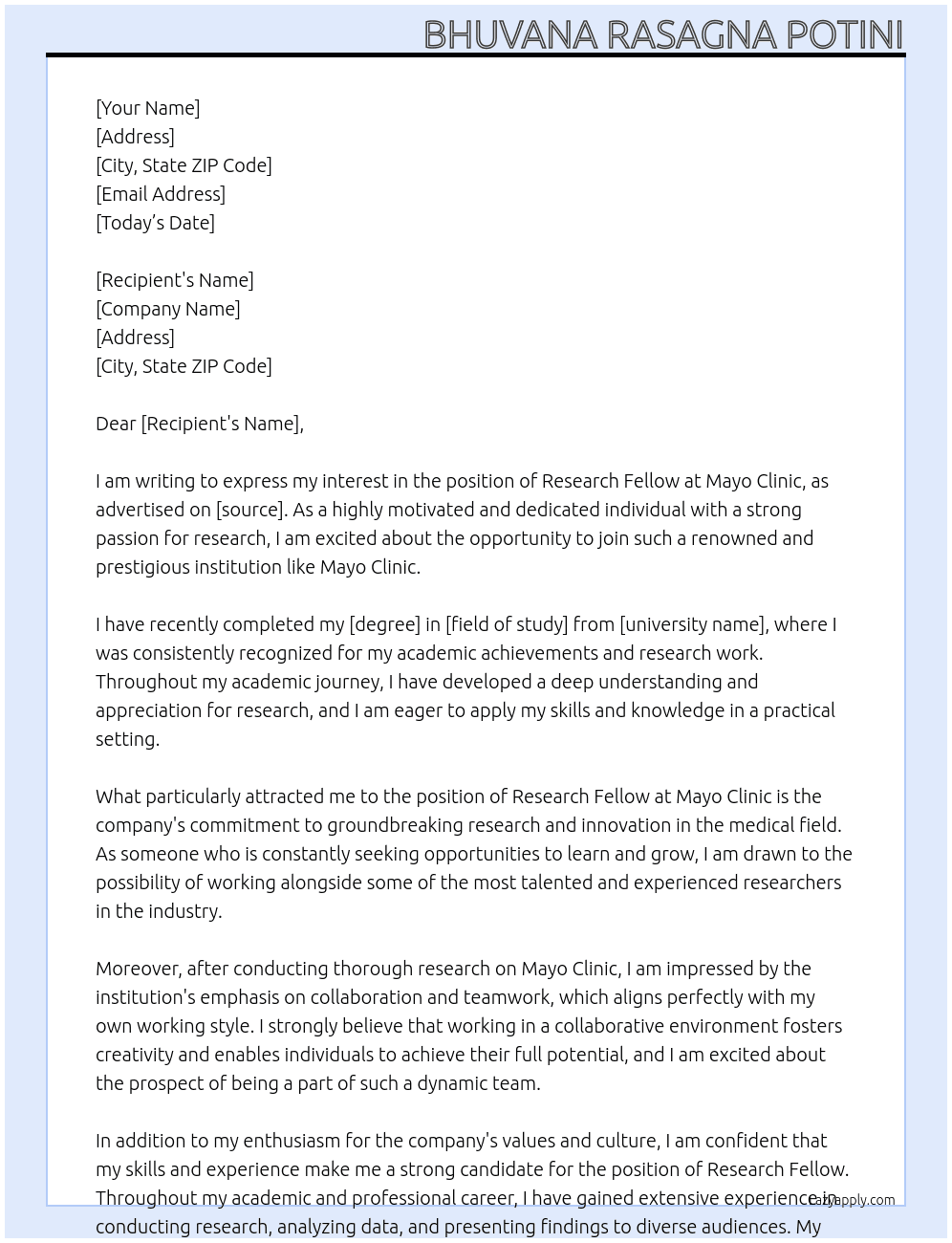 Research Fellow At Mayo Clinic Cover Letter