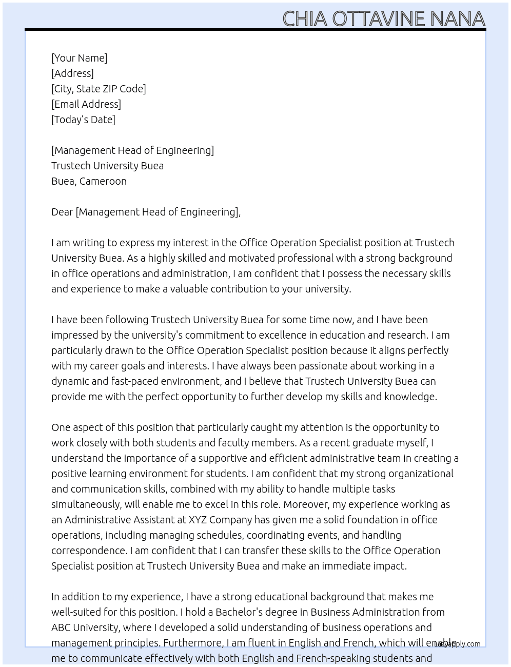 Office operation specialist  At Trustech university Buea Cover Letter