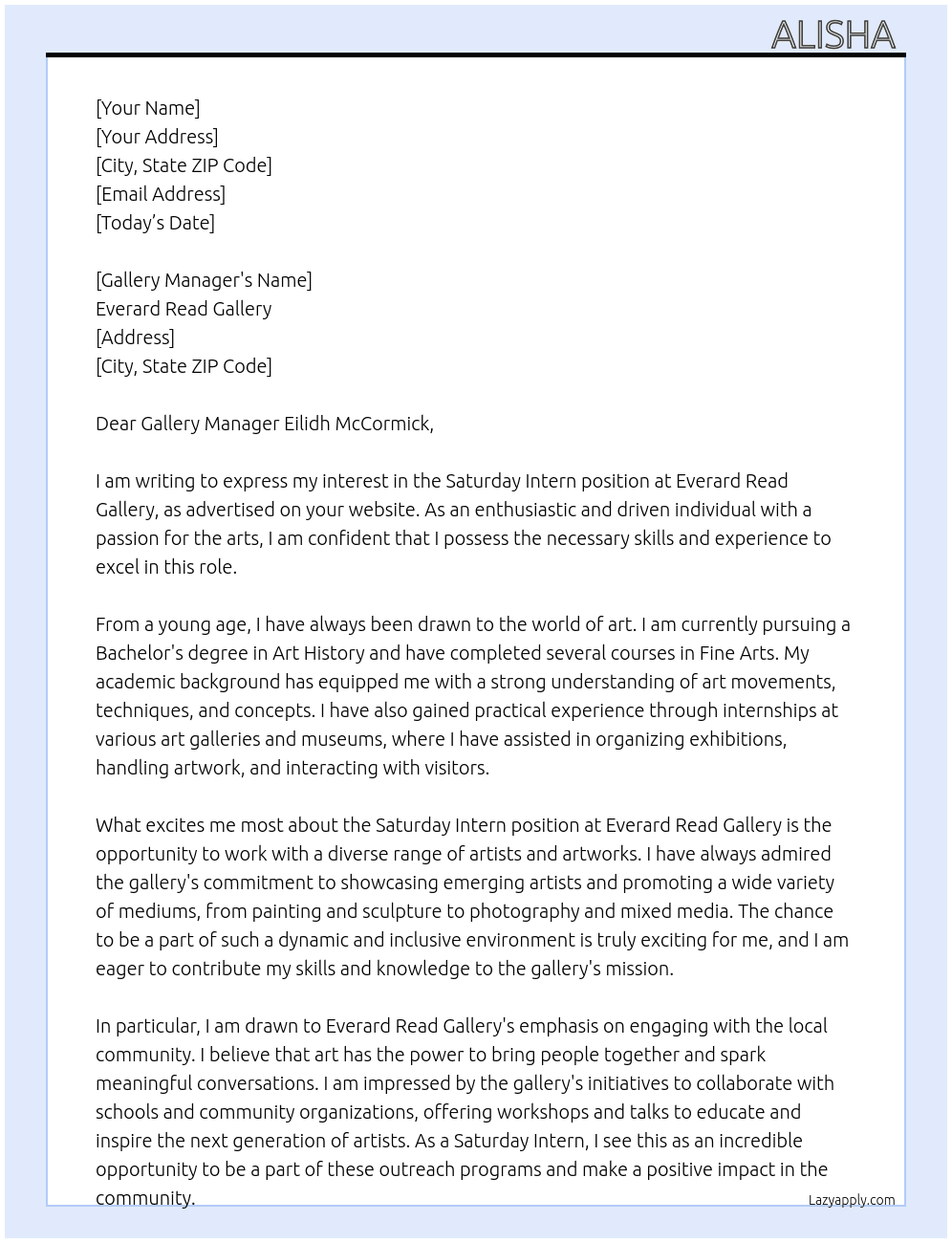 Saturday Intern  At Everard Read Gallery  Cover Letter