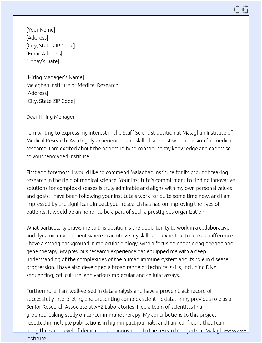 Staff Scientist At Malaghan Institute of Medical Research Cover Letter