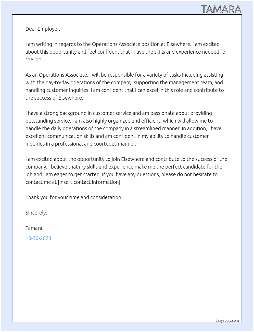 Operations associate At Elsewhere Cover Letter