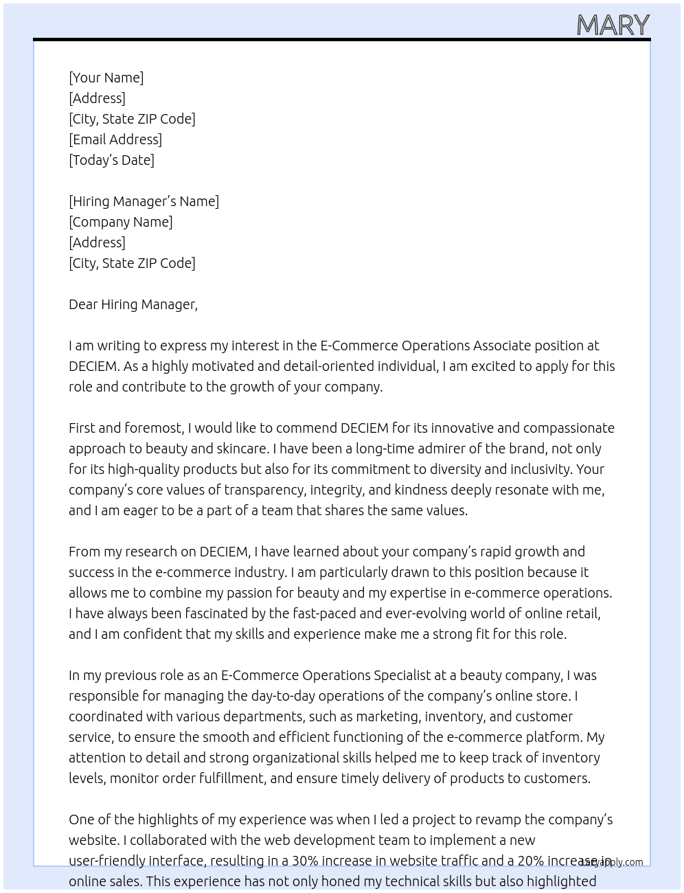 E-Commerce Operations Associate At DECIEM Cover Letter