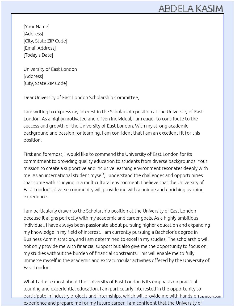Scholarship At University of East London Cover Letter