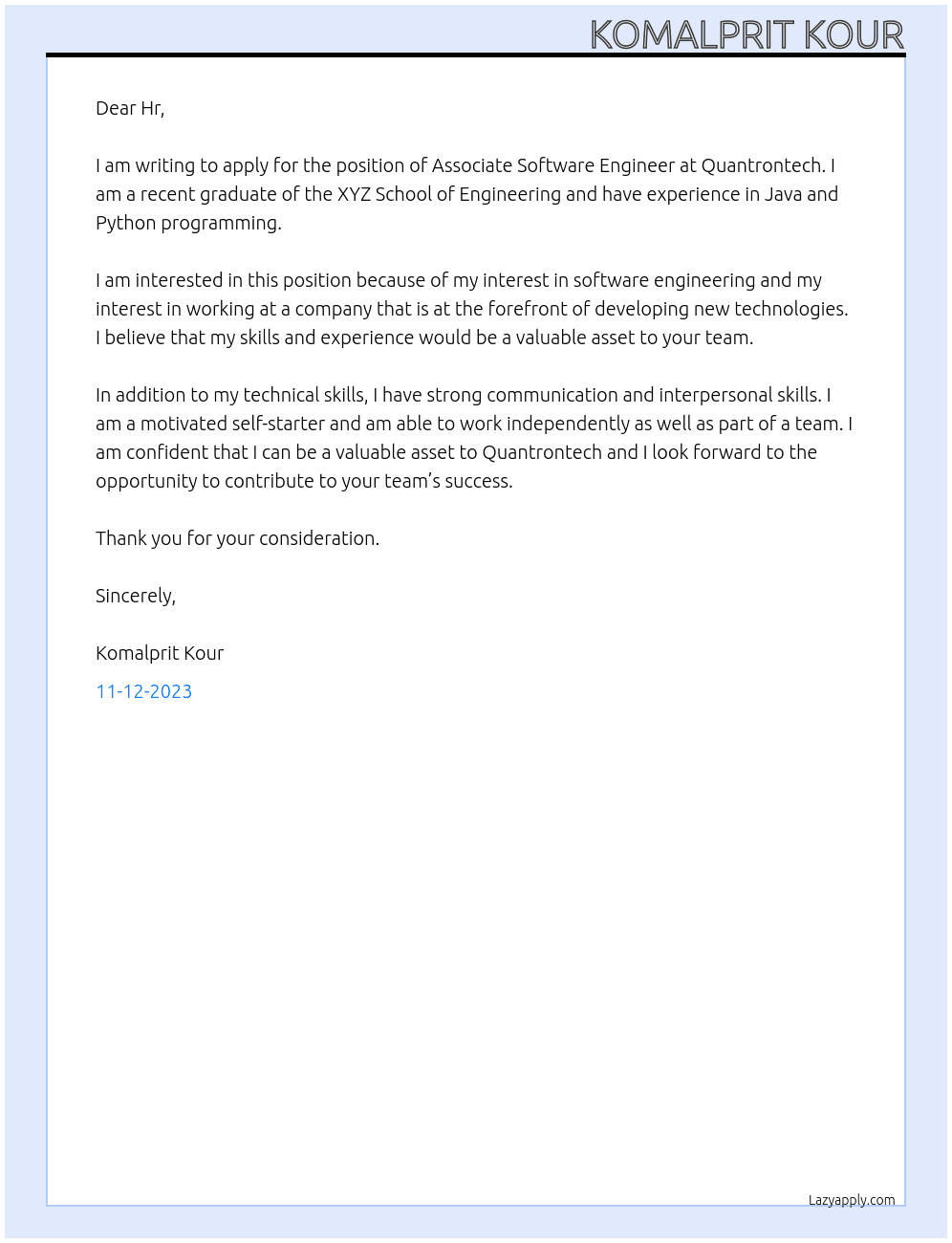 Associate software engineer  At Quantrontech Cover Letter