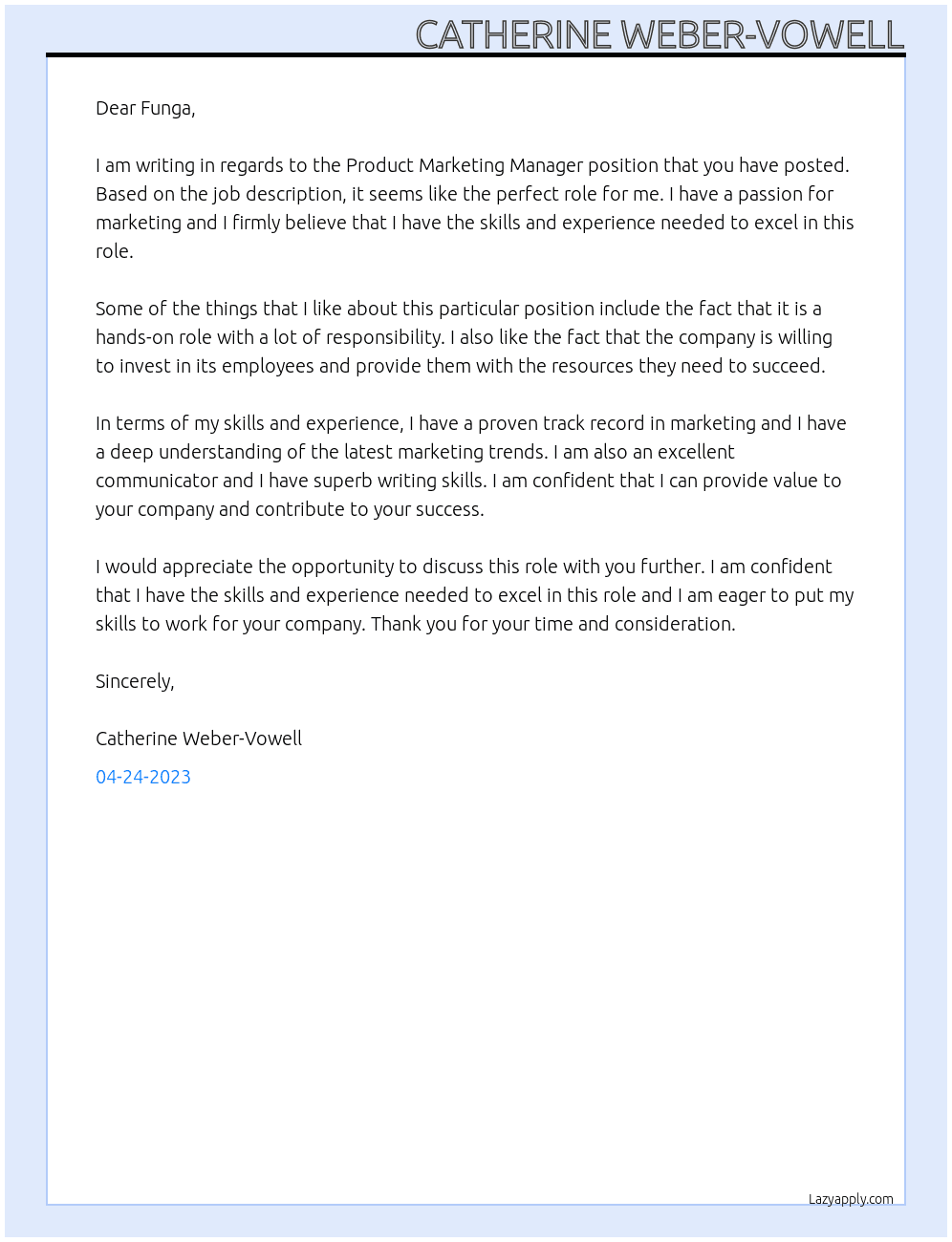 Product Marketing Manager At Funga Cover Letter