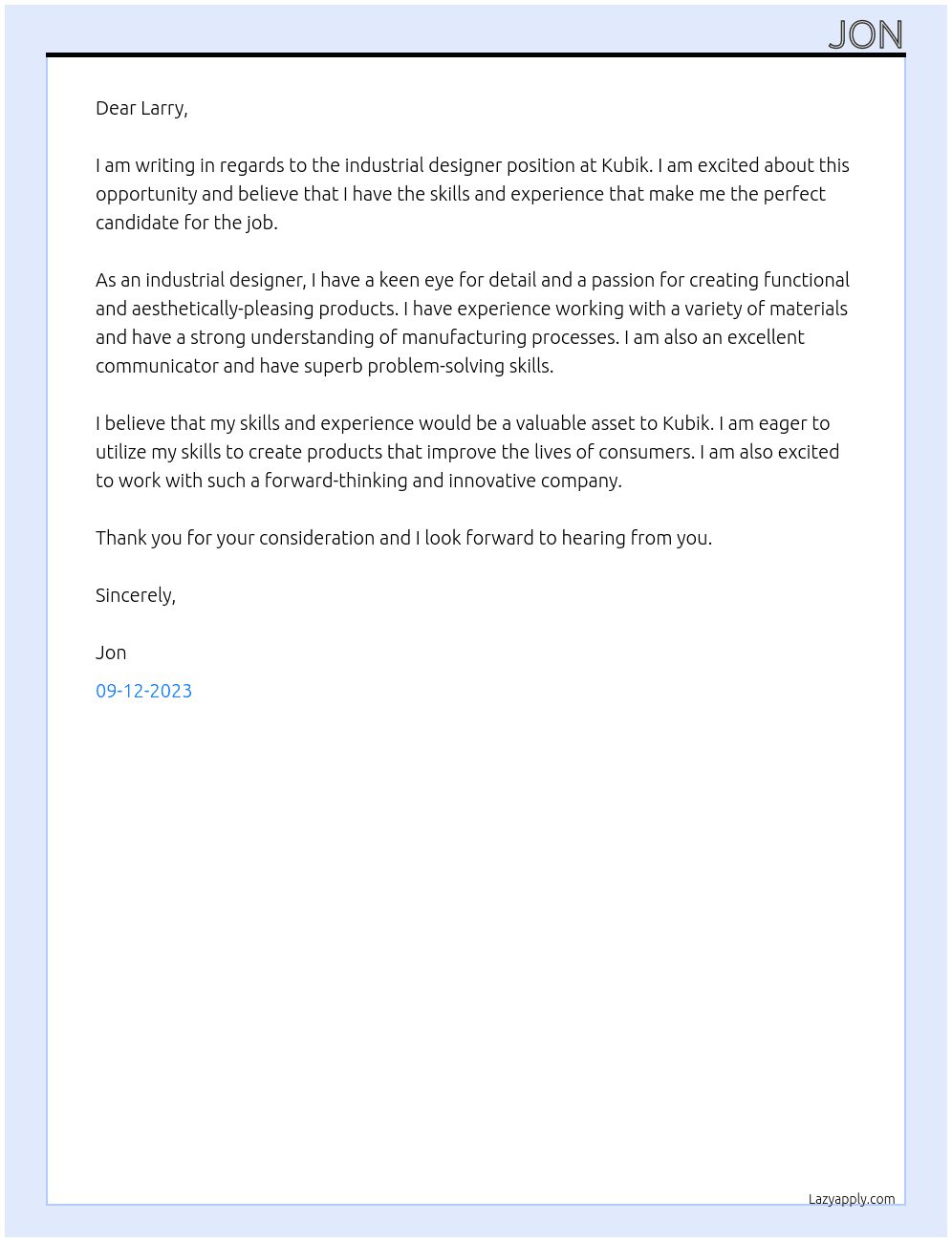 Industrial designer At Kubik Cover Letter
