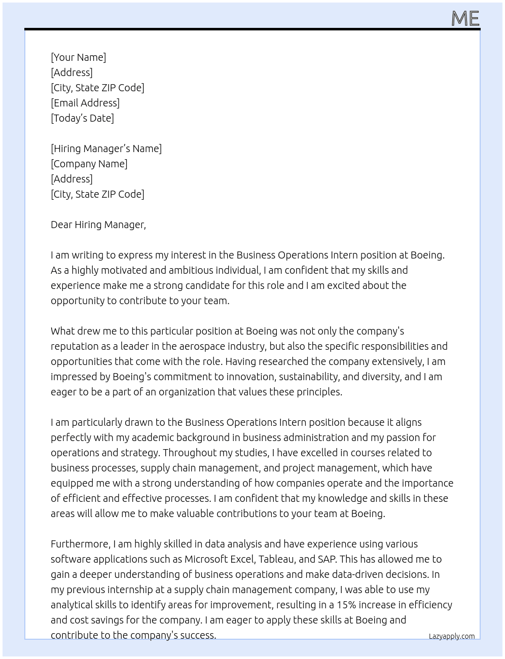 Business Operations Intern  At Boeing Cover Letter