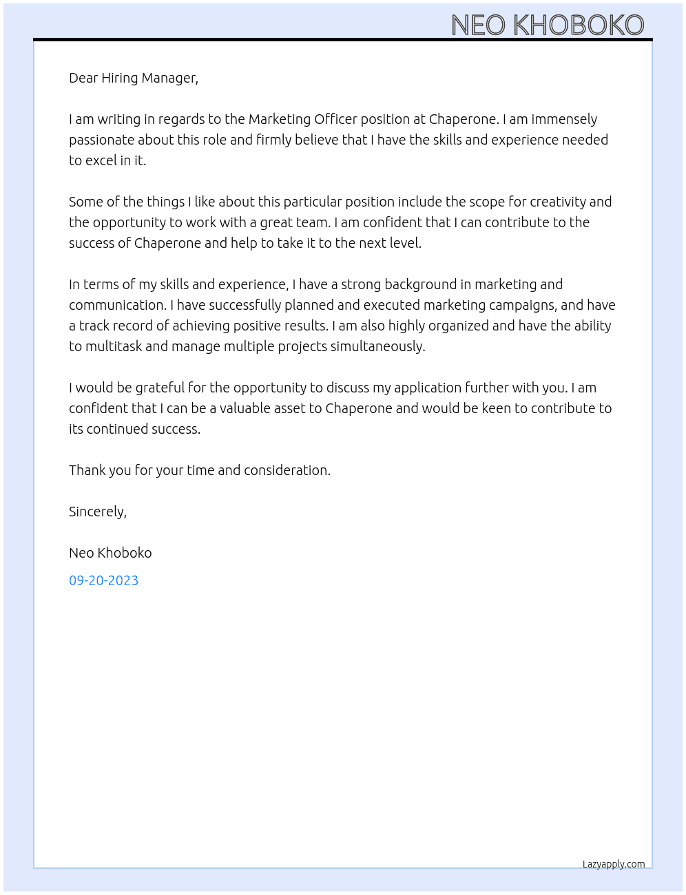 Marketing Officer At Chaperone Cover Letter