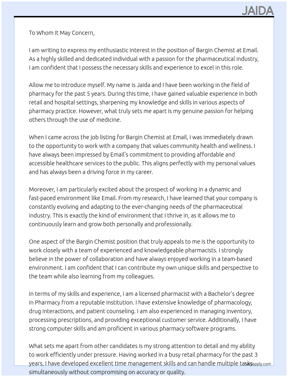 Bargin Chemist At Email Cover Letter