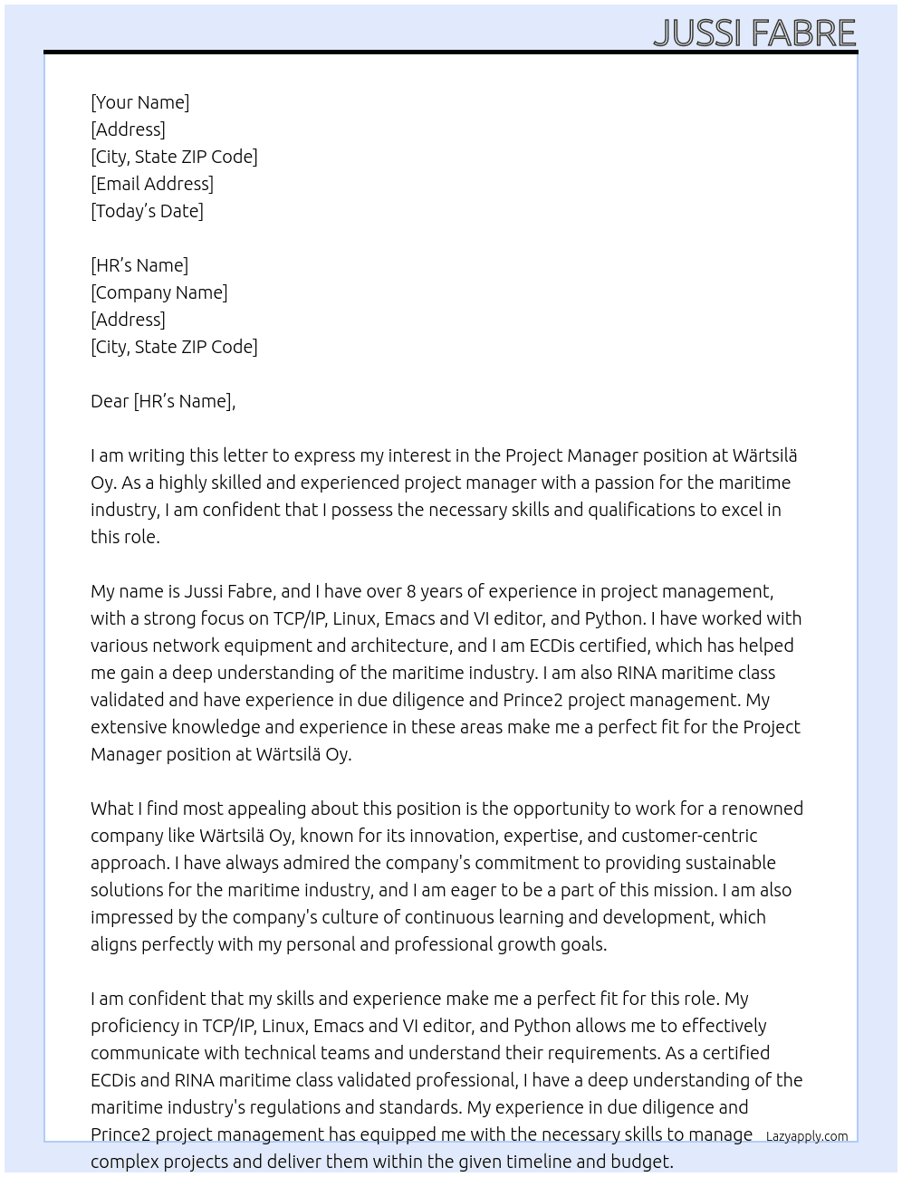 project manager At wärtsilä oy Cover Letter