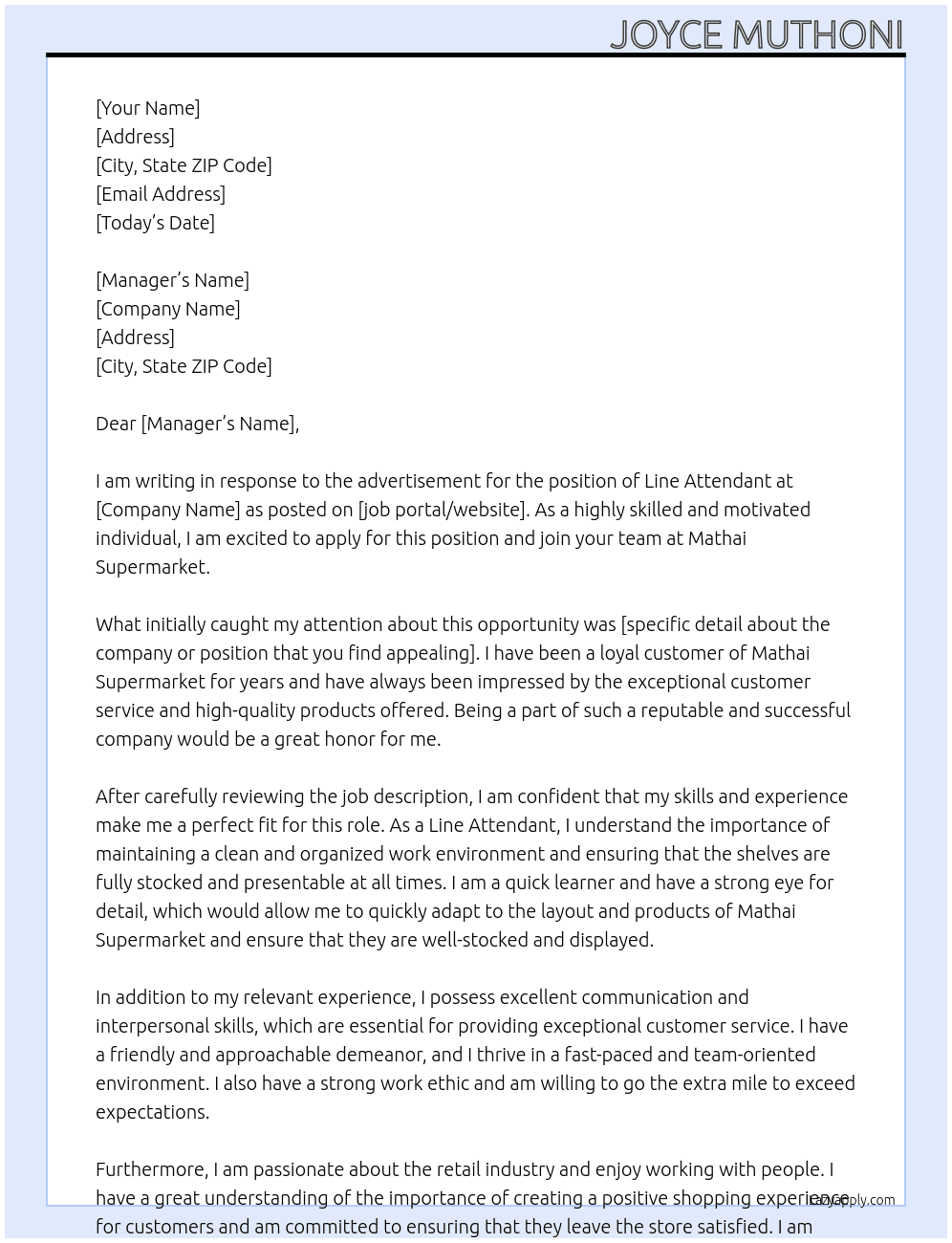 Line attendant  At Mathai supermarket  Cover Letter