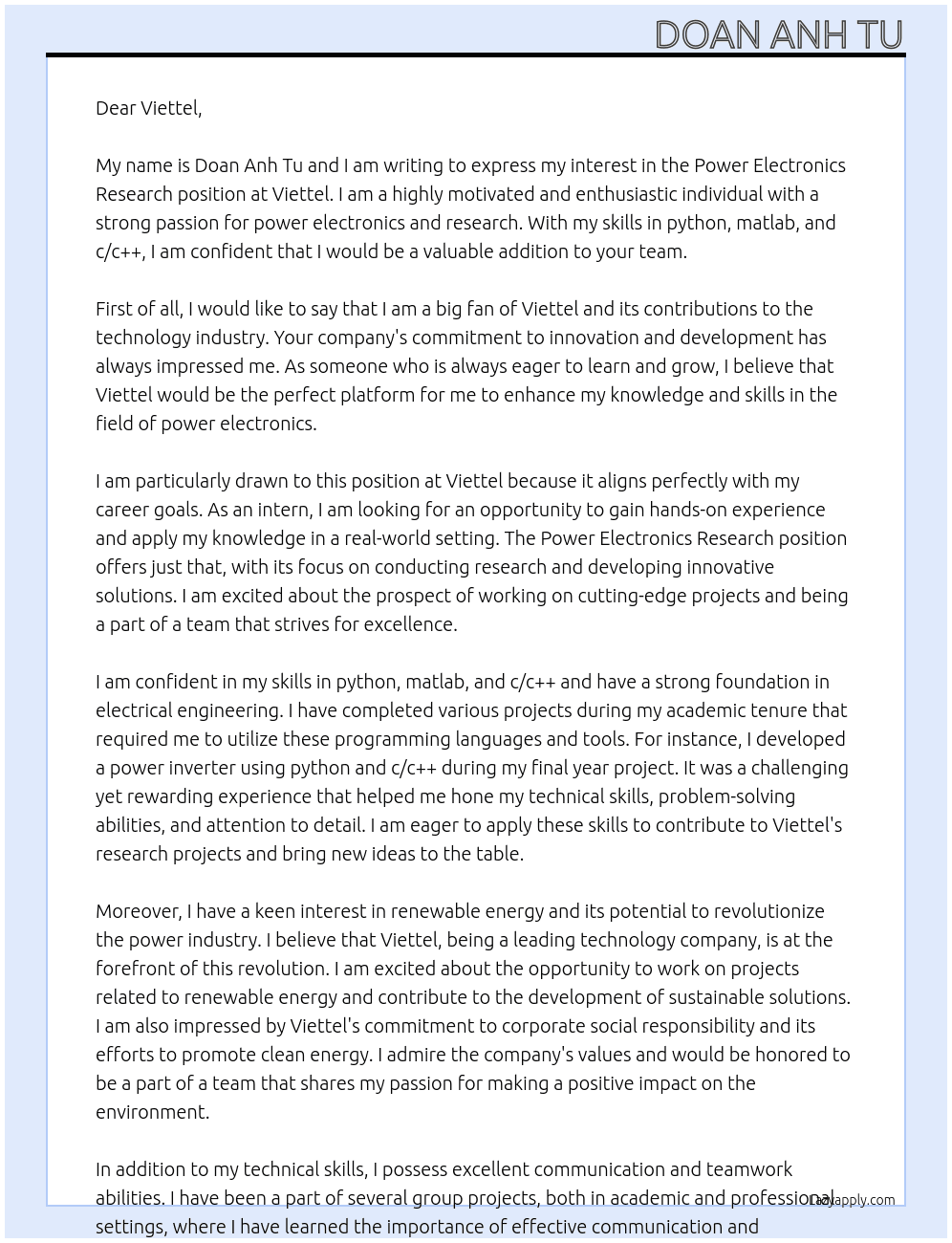 Power Electronics Research At Viettel Cover Letter