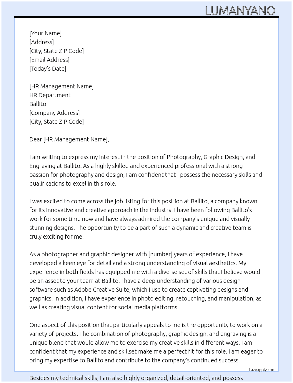 Photography, Graphic design and Engraving  At Ballito Cover Letter