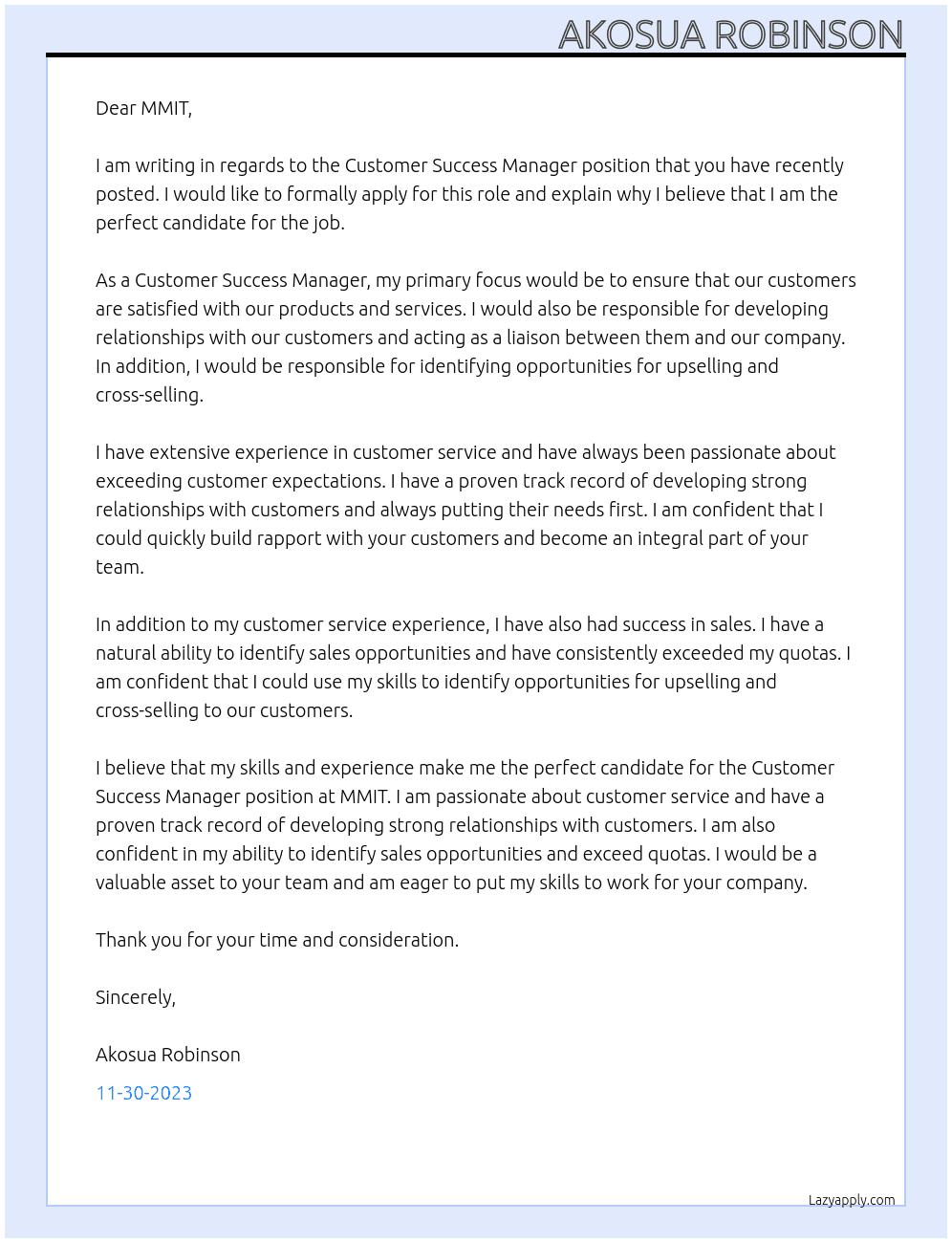 Customer success manager At MMIT Cover Letter