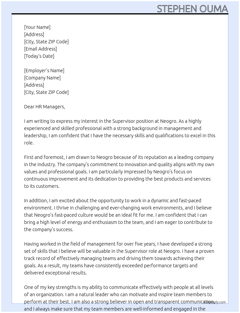 supervisor  At Neogro Cover Letter