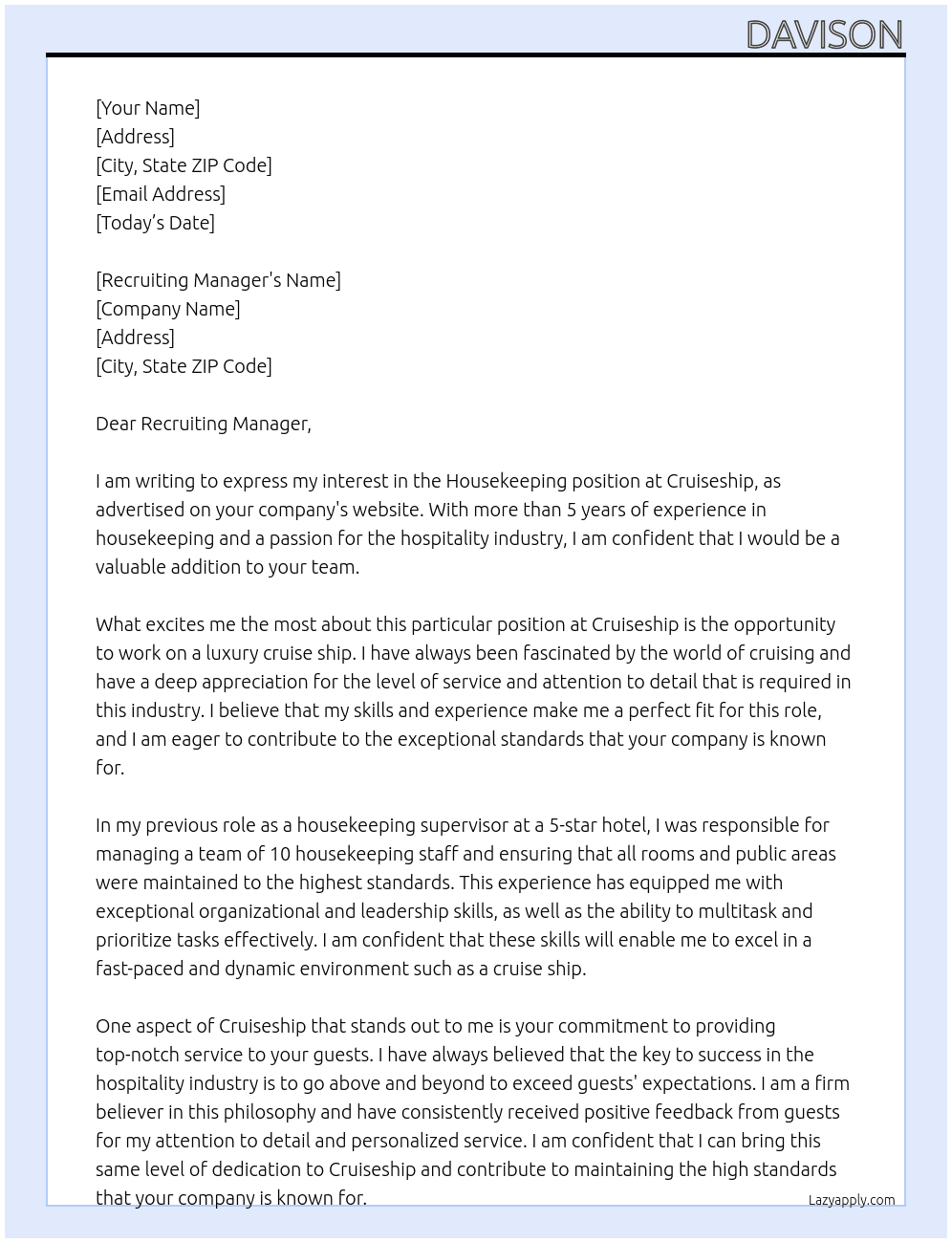Housekeeping  At Cruiseship  Cover Letter
