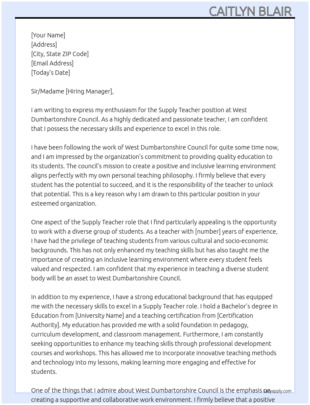Supply Teacher At West Dumbartonshire council  Cover Letter