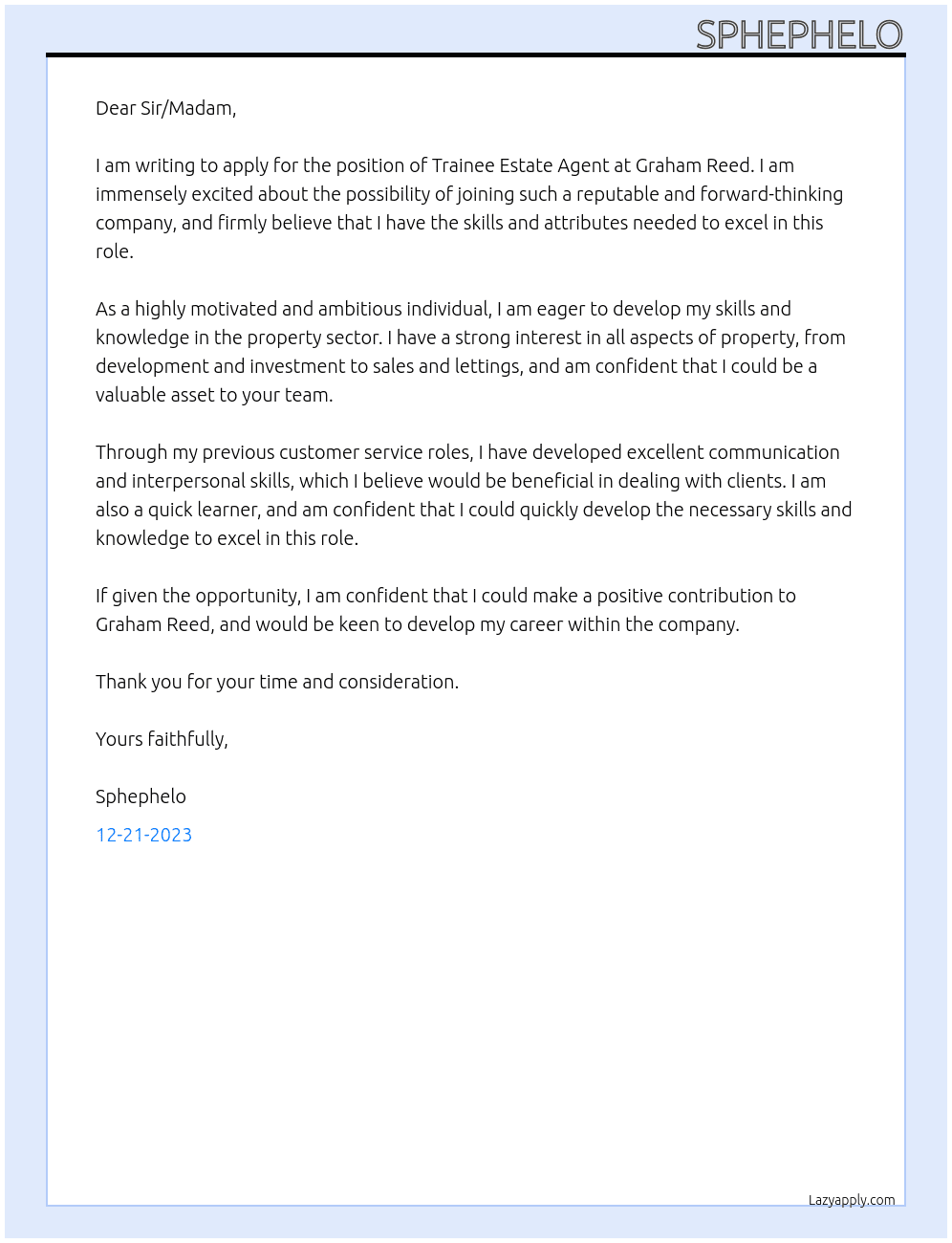 Trainee Estate Agent At Graham Reed Cover Letter