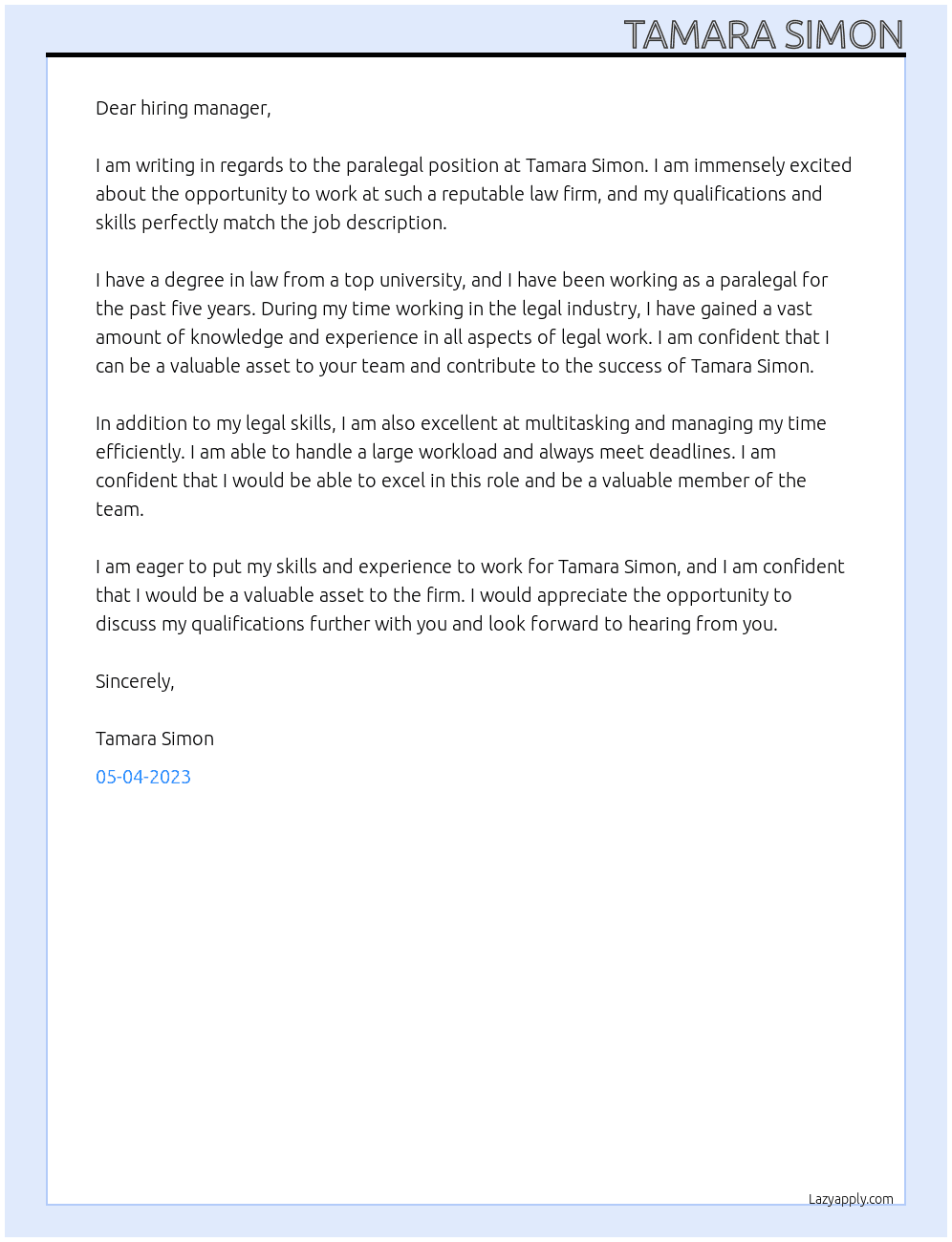 Paralegal At Tamara Simon Cover Letter